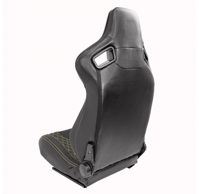 Asiento Deportivo "Ak" - Piel Sintética Negra + Costura/Bordeado Amarillo - Respaldo Reclinable Por Los Dos Lados -Incluye Guias