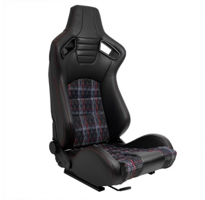 Asiento Deportivo 'Gt' - Cuero Sintético Negro + Tela Con Patrón De Cuadros Rojos + Costuras Rojas - Respaldo Reclinable En Ambo
