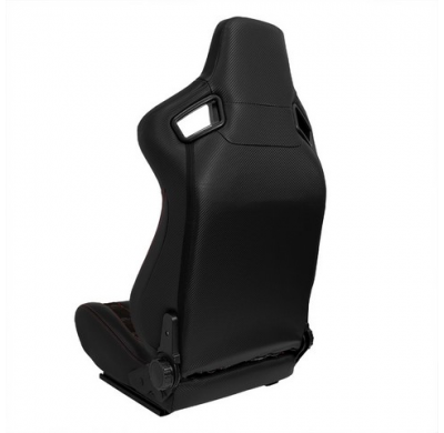 Asiento Deportivo 'Gt' - Cuero Sintético Negro + Tela Con Patrón De Cuadros Rojos + Costuras Rojas - Respaldo Reclinable En Ambo