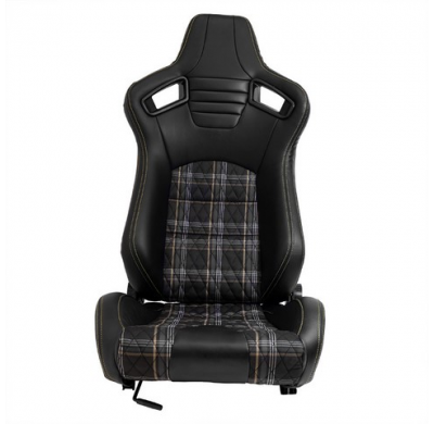 Asiento Deportivo 'Gt' - Cuero Sintético Negro + Tela En Patrón De Cuadros Amarillos + Costuras Amarillas - Respaldo Reclinable