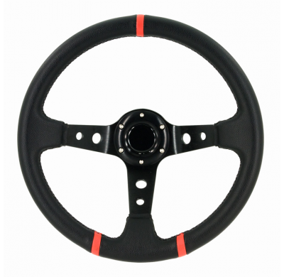 Volante Deportivo 'Deep-Dish' - ø350mm - Black Pu-Leather + Black Spokes + Red Stripes