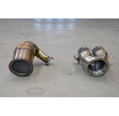 Downpipe + catalizador metalico Tubo de escape descendente + convertidor catalítico metálico, sobredimensionado 2 x Ø65 mm, 100