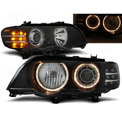 Faros Delanteros Angel Eyes Bmw X5 E53 09.99-10.03 Fondo Negro Intermitente Led Xenon