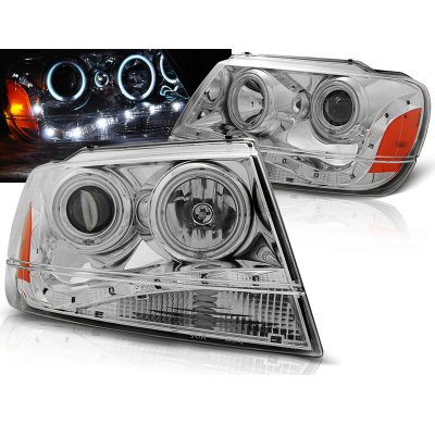 Faros Delanteros Angel Eyes Chrysler Jeep Grand Cherokee 99-05.05 Faros Delanteros Luz Diurna Cromados