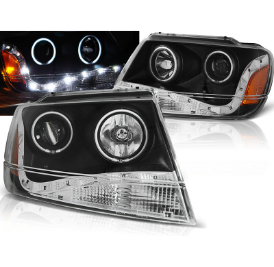 Faros Delanteros Angel Eyes Chrysler Jeep Grand Cherokee 99-05.05 Faros Delanteros Luz Diurna Fondo Negro