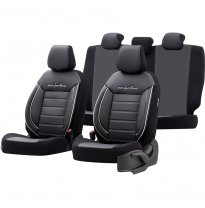 Juego de fundas de asiento universales de cuero/tela &#039;Comfortline&#039; negro/gris + ribete blanco - 11 piezas - apto para airbags la
