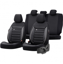 Juego de fundas de asiento universales de tela &#039;Prestige&#039; Negro/Carbón + ribete blanco - 11 piezas - apto para airbags laterales