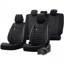 Juego de fundas de asiento universales de cuero/tejido &#039;Royal&#039; negro + ribete blanco - 11 piezas - apto para airbags laterales