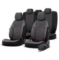 Juego de fundas de asiento universales en lino/cuero/tela &#039;Throne&#039; negro/gris/rojo - 11 piezas - apto para airbags laterales
